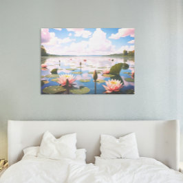 Pôster Água Lily com Nuvens Rosa Refletindo no Lago |