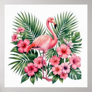 Poster Água Tropical Colorida Flamingo Rosa Floral Havaia