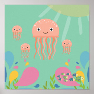 Poster Água-viva adorável no oceano azul bebê,