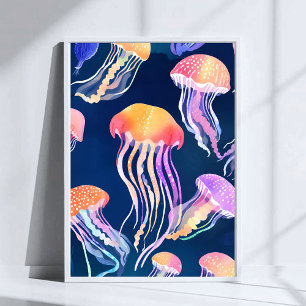 Poster Água-viva Colorida   Arte em Aquarela de Animal Ma