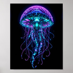 Poster Água-viva Cyberpunk – Neon Biolucente Profundo Mar