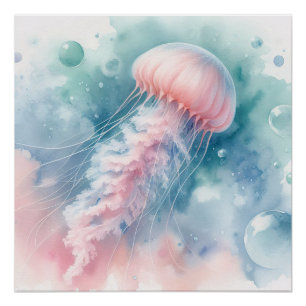 Pôster Água-viva Delicada em Aquarela Rosa