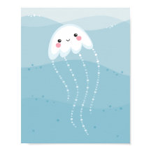 Água-viva kawaii fofa nadando em ondas azuis suave