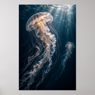 Poster Água-viva Luminosa Flutuando Através do Oceano Azu