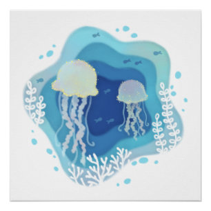 Pôster Água-viva na Ilustração de Arte em Papel Oceânico