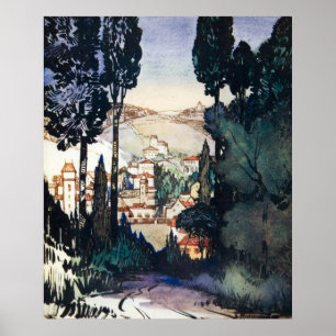 Poster Aguarela antiga Fiesole Italia da paisagem do
