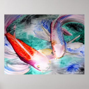 Pôster Aguarela de Koi da borboleta que pinta peixes