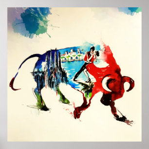 Poster Aguarela do amor das viagens vintage de Bull da