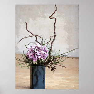 Poster Aguarela do vaso do Hydrangea e da madeira