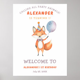 Poster Aguarela Raposa Fofa Aniversário de 1 ano 