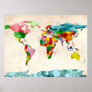 Poster Aguarelas do mapa do mundo