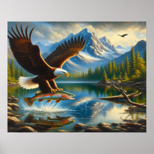 Poster Águia Majestosa Capturando Uma Truta De Lago 20x16