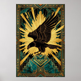 Poster Águia Ousada em Voo Art Déco Dourada e Preta