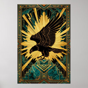 Poster Águia Ousada em Voo Art Déco Dourada e Preta