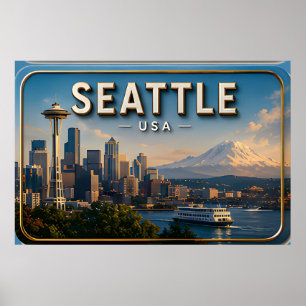 Poster Agulha Espacial de Seattle e Monte Rainier
