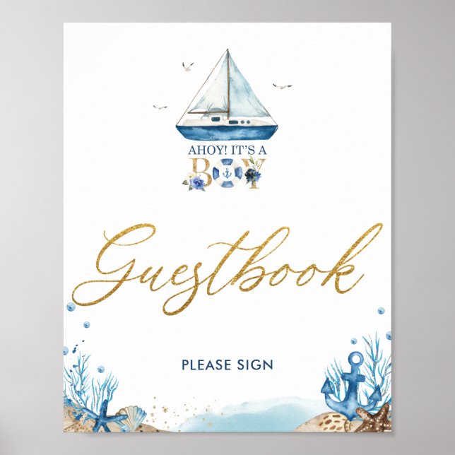 Poster Ahoy It's a Boy Nautical Baby Shower Guestbook  (Frente)