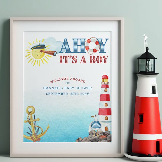 Poster Ahoy Náutico é um Chá de fraldas de Boas-vindas (Welcome sign from my Ahoy it's a boy Nautical Baby Shower collection)
