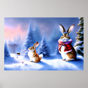 Poster AI Art Fantasy Winterland com Coelhos Adoráveis