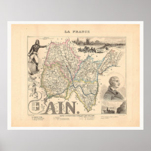 Poster Ain Department France 1858 Alexandre Vuillemin Map