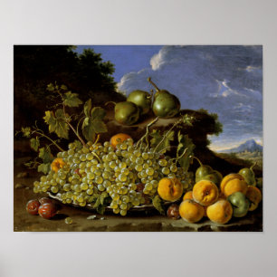 Poster Ainda vida com a placa das uvas, pêssegos, peras
