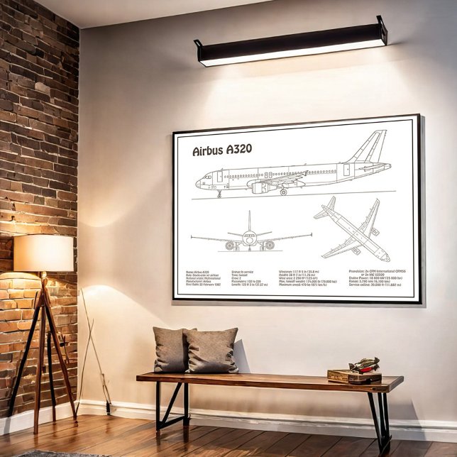 Poster Airbus A320 - Desenho de Plano de Blueprint de Avi (Airbus A320 - Airplane Blueprint Drawing Plans BD. Poster)