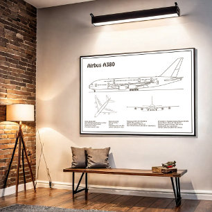 Poster Airbus a380 - Planos de desenho do avião Blueprint