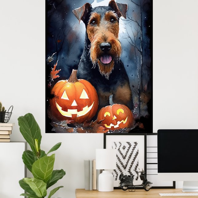 Poster Airedale de Halloween com Abóboras Assustadoras (Escritório em casa)