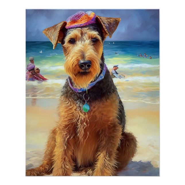 Pôster Airedale on Beach, presente de verão para amantes  (Frente)