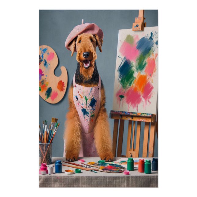Pôster Airedale Terrier Caprichoso Trabalhando como Artis (Frente)