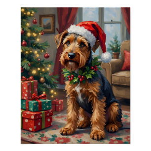 Pôster Airedale Terrier Chapéu de Papai Noel Arte de Nata