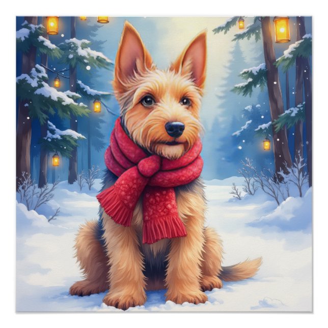 Pôster Airedale Terrier em aquarela Natal Nevado (Frente)