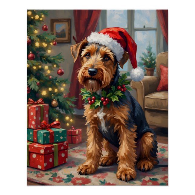 Pôster Airedale Terrier Santa Hat Christmas Fun Art (Frente)