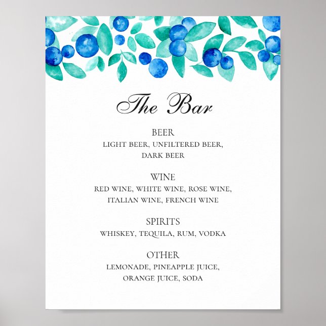 Poster Airelas. Menu bar de bebidas de casamento azuis e  (Frente)