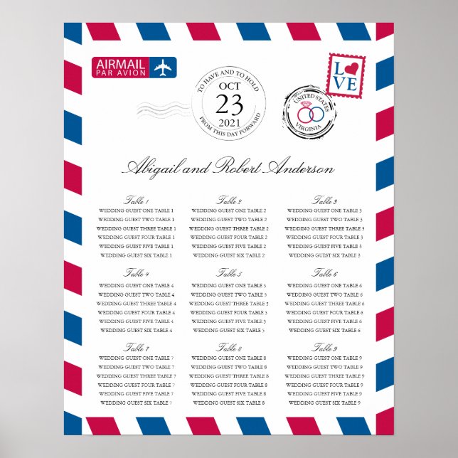 Pôster Airmail Wedding Guest Seating Chart (Frente)