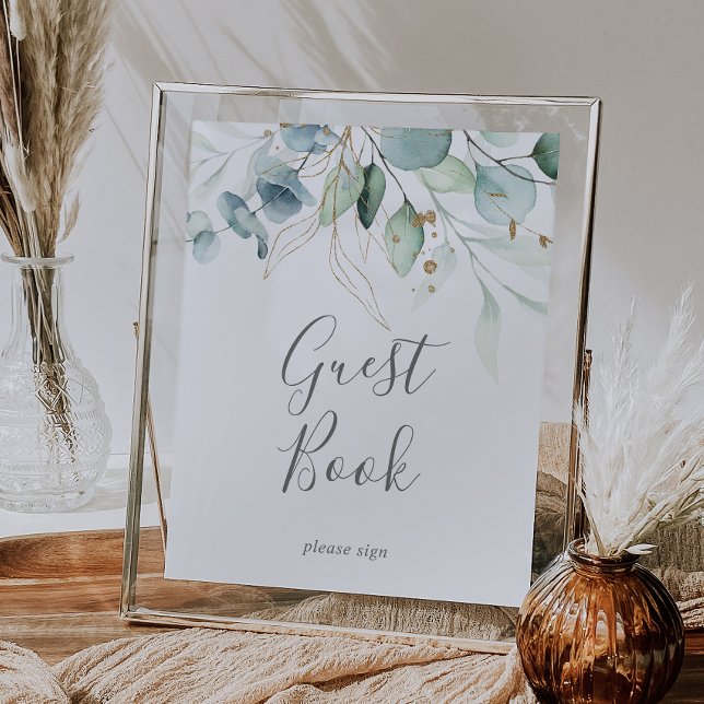 Poster Airy Greenery e Dourado Leaf Guest Book Sinal (Criador carregado)