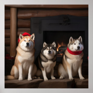 Poster Akita ao lado da Lareira Natal