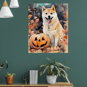 Poster Akita de Halloween com Abóboras Assustador