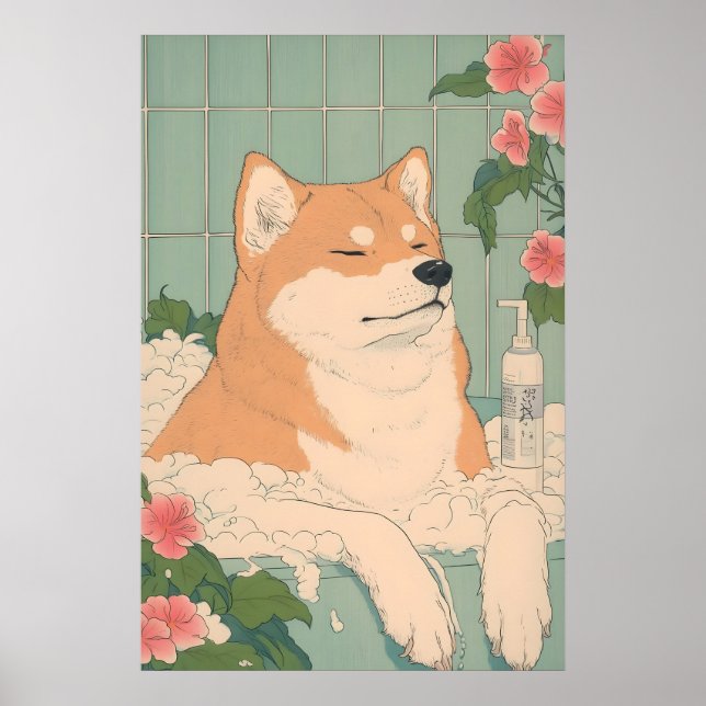 Poster Akita Inu Bathroom Print Funny Dog in Bathtub (Frente)