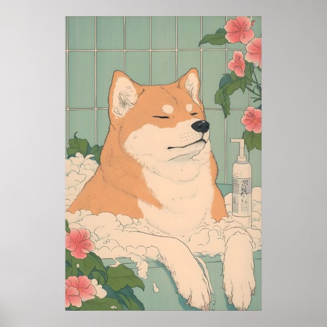 Poster Akita Inu Bathroom Print Funny Dog in Bathtub in (Frente)