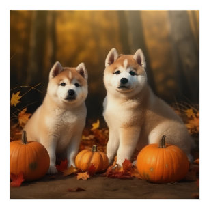 Pôster Akita Puppy Autumn Delight Pumpkin