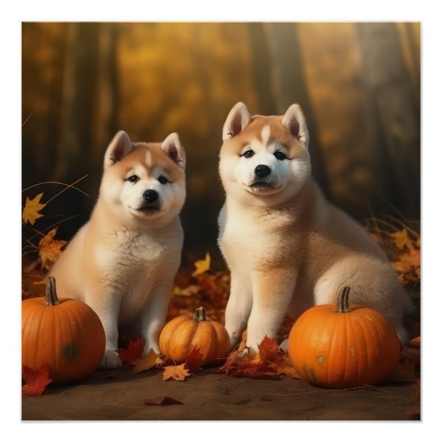 Pôster Akita Puppy Autumn Delight Pumpkin (Frente)