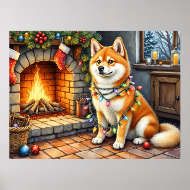 Poster Akita Sitting by Fireplace with Christmas Lights (Frente)