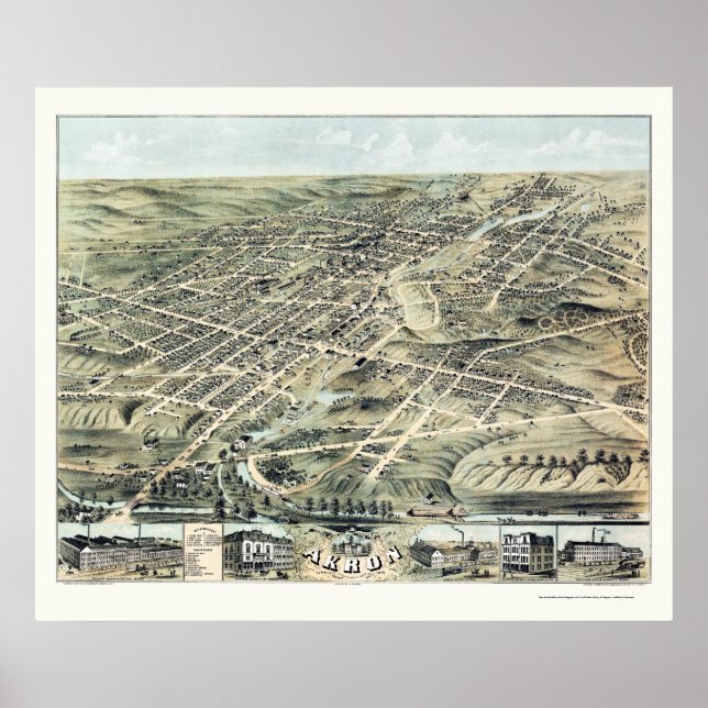 Pôster Akron, Mapa Panorâmico OH - 1870 (Frente)