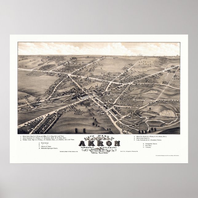 Pôster Akron, Mapa Panorâmico OH - 1882 (Frente)