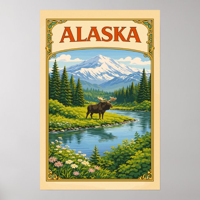 Poster Alasca Antigo Alce Floresta (Frente)