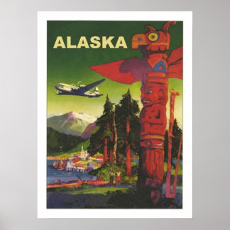 Poster Alasca, totem indiano, avião, companhia aérea vint