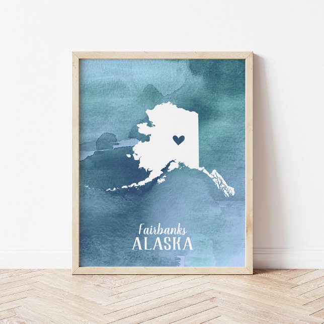 Poster Alaska Map Blue Watercolor Art Personalizado (Criador carregado)