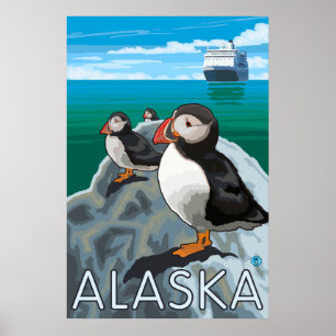 Pôster Alaska - papagaio-do-mar que olham um navio de