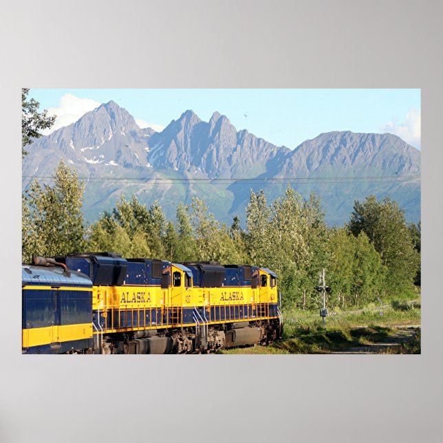 Pôster Alaska Railroad train e montanhas (Frente)