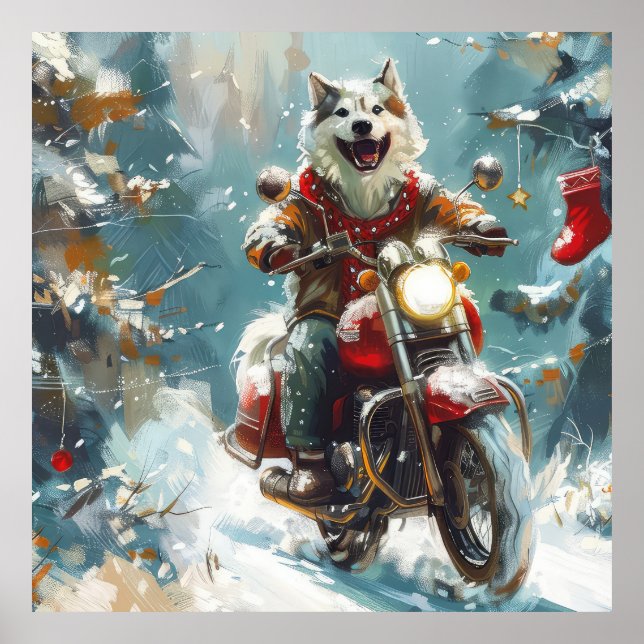 Poster Alaskan Malamute Dog Dirigindo Motocicleta Natal (Frente)